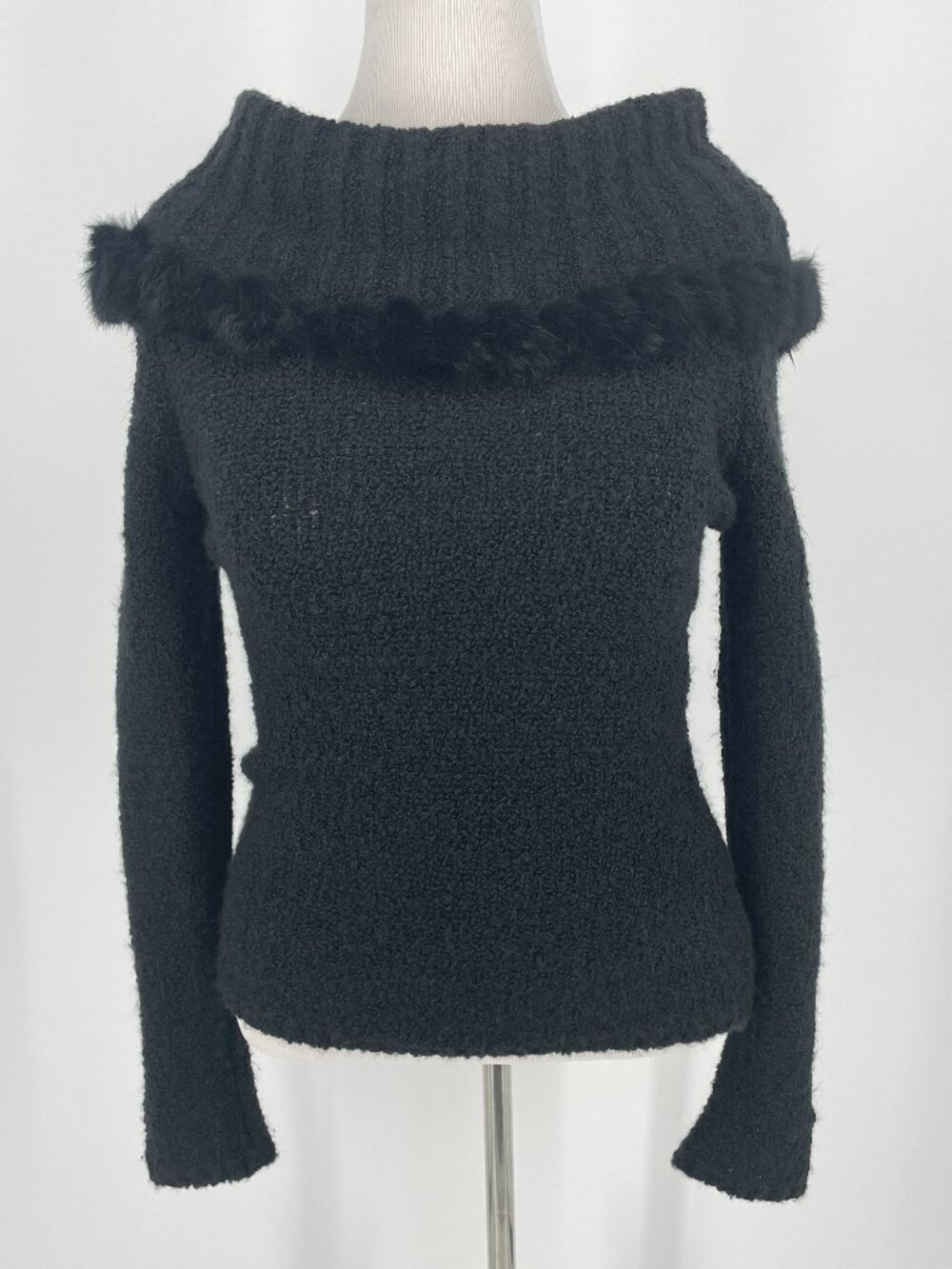 Escapade Vintage Black Fuzzy Knit Sweater Genuine Rabbit Fur Trim Small